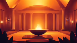 a glowing room with white columns and red light