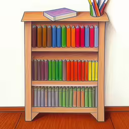 a painting of a colorful bookshelf and pencils on the table