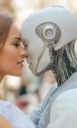woman facing man in a white robot suit