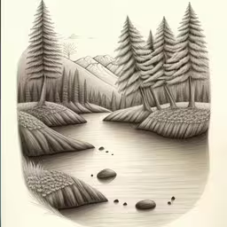 a pencil drawing of a lake with some trees and rocks