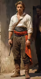 a man in pirates clothing holds a gun