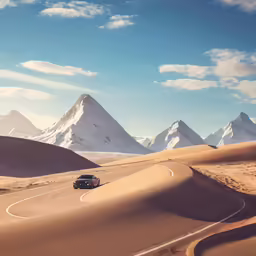 there are several desert hills and trees with a vehicle going around it