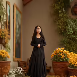 a woman stands in a room full of potted flowers