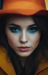 a woman is dressed in a yellow jacket and orange hat