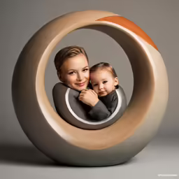 a woman holding a baby on her chest in a stone circular frame