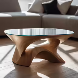 wooden coffee table in a living room with a gray sofa