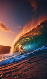 an intense photo of a surfer riding a wave,a man is surfing on a wave while the sun goes down