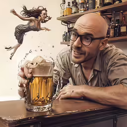 a man sitting at a table with a beer mug in front of him and a flying woman next to him