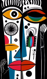 abstract black and white painting with red, orange, green, blue, and yellow elements