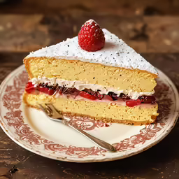 a piece of cake with whipped cream and raspberry toppings on top