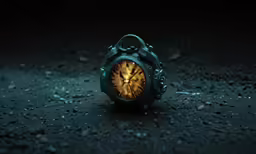 an old clock that has been lit and is sitting in the middle of the road