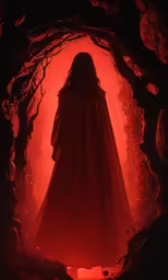the silhouette of a woman in dark - colored cloak walks through the archway