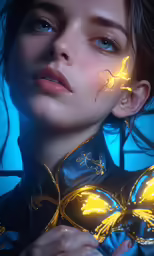 a woman with light painted on her face is posed with butterfly decorations