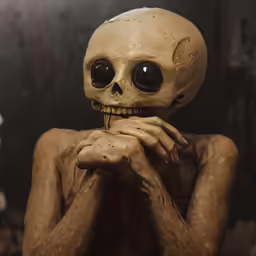 a scary looking human skeleton sitting in a dark room