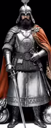the knight in full armor stands with his sword