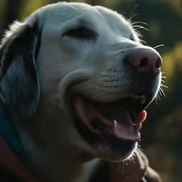 a large dog smiling and looking to his right