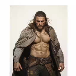 the man with no shirt is posing in a cloak