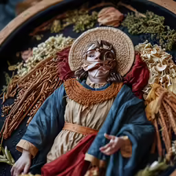 an artistic sculpture in a circle depicting the person surrounded by many objects