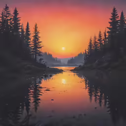 a colorful sky shows the setting sun over trees and water