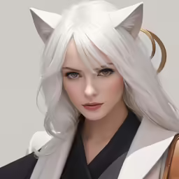 a cat - head female with long white hair