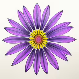 a purple and yellow flower is shown in a close up view,the drawing depicts a purple flower with yellow center,a drawing of a purple flower with yellow center,the drawing has a yellow center and purple petals,a drawing of a purple and yellow flower