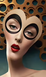 a woman with circles on her face and blue eyes