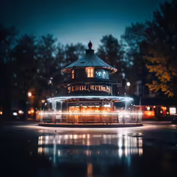 a restaurant in the middle of a lake at night