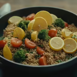 cooked rice with lemons and broccoli inside a pan
