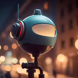 a big ball like object on a tripod near some streetlights