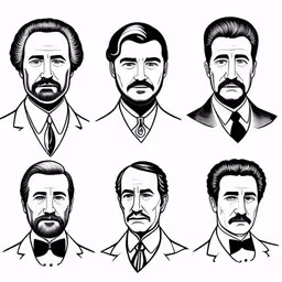 a drawing of the many faces of men in suits,a set of five identical beards,a set of six different mustached men,four men in suits and ties, one with a beard,the different types of suits and tie