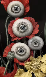a bunch of red flowers with one of them upside down