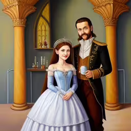 a painting of the couple, painted in oil paint, are dressed in historical dress and holding a glass,a painting of the duke and bride in old dress