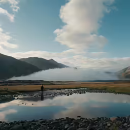 a man in a field fishing next to a lake