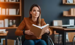 a woman is sitting in a wheelchair reading a book