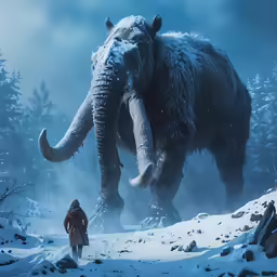 a walong and a man stand in a snowy landscape