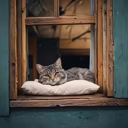 a cat is laying on a pillow on the ledge