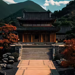 the entrance to an old asian style building with mountains in the background