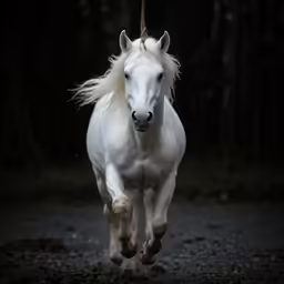 the white horse is running on the dirt