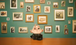 an old - fashioned camera with a small ceramic face on it