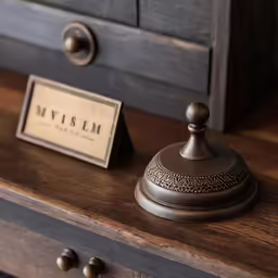 a drawer with a sign sitting on it and two drawers below it