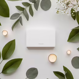 eucalyptus leaf surrounding an open gift box with lit candles and greenery