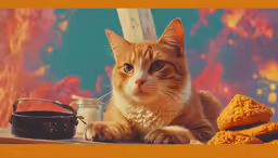 a cat that is laying down by some food