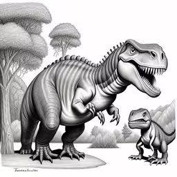 an image of a dinosaur and its kid by the water,an artist