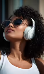 the woman is wearing her headphones and listening to music