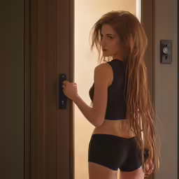 a girl standing in front of a door with no shirt