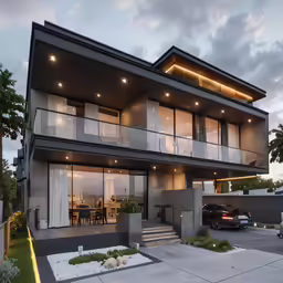 a modern building with a lit up area next to it
