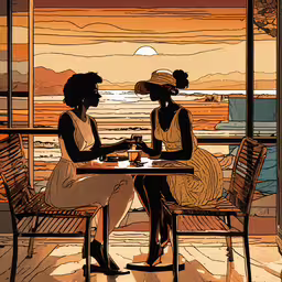 two women sitting at a table together, talking,the silhouettes of two women sitting outside at a table having drinks