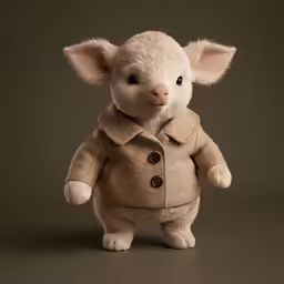 a toy rat in a coat is posed on a black background