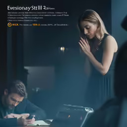 a woman that is standing over a desk with a computer