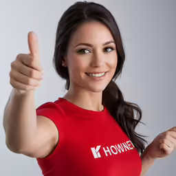 a woman giving a thumbs up in a red shirt